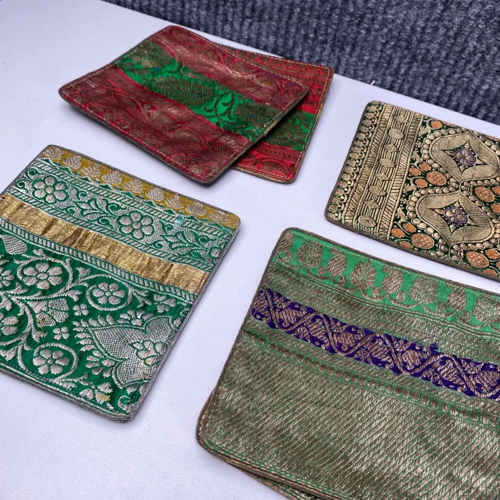 Set of 6 Vintage Brocade Fabric Coasters Multicolor Gold Metallic Embroidered